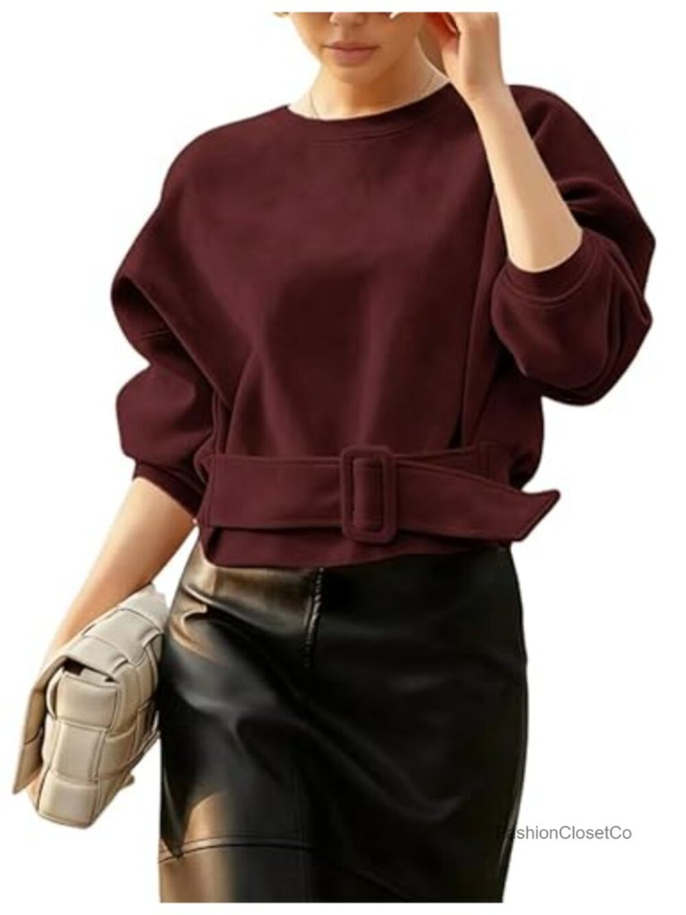 Faux Suede Cropped Top Belted Buckle Long Sleeve Crew Neck Pullover Shirt